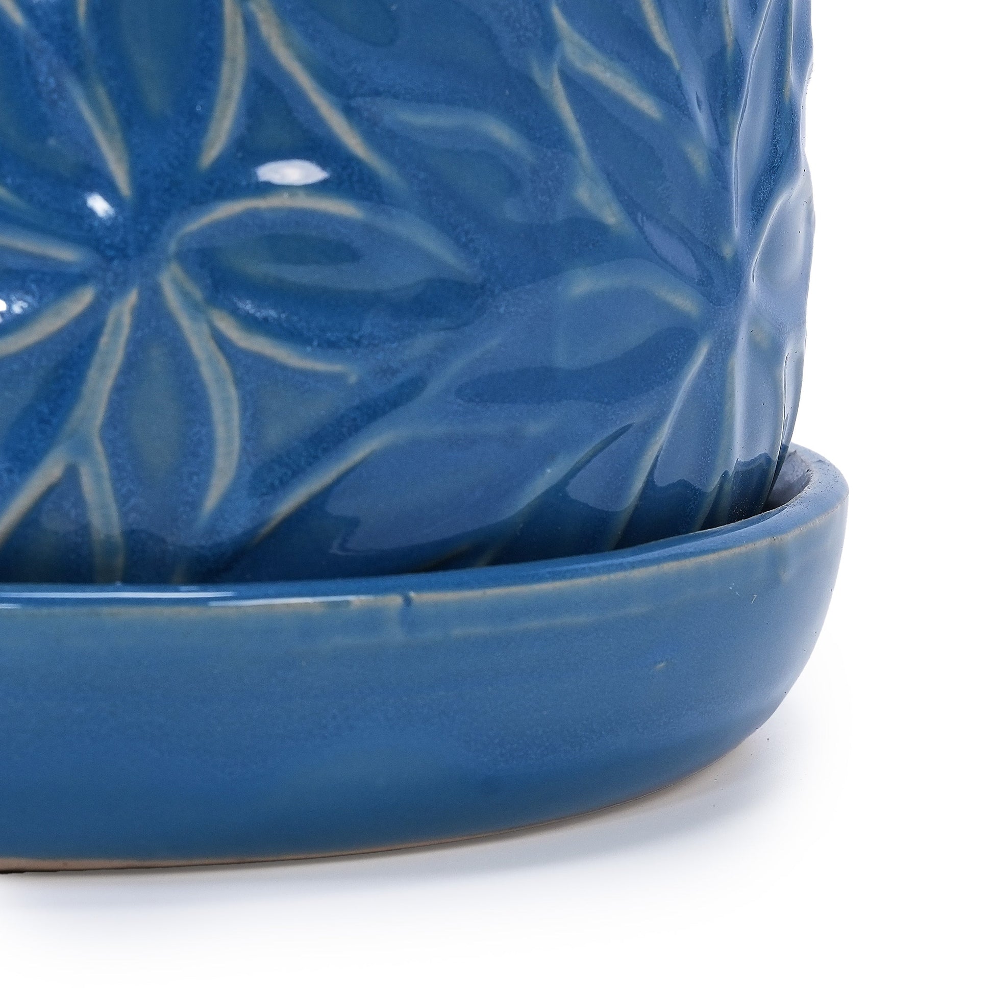 Set of 2 navy blue ceramic flowerpots with leaf relief, 7-inch modern planters for patio on Tampa Home & Garden Store