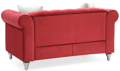 Contemporary red velvet loveseat with rolled tufted arms and silver legs by HouseOfZazla on Tampa Home & Garden Store