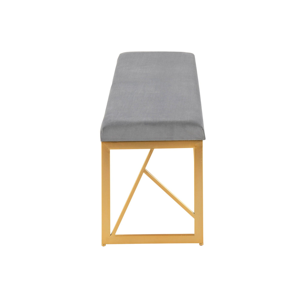 Glam upholstered bench with gray fabric and gold geometric metal frame by HouseOfZazla on Tampa Home & Garden Store