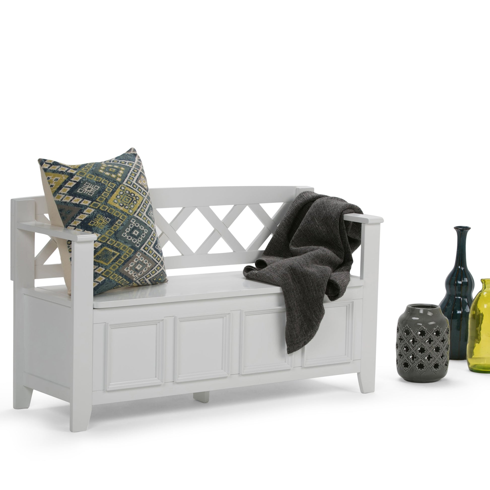 Amherst solid wood entryway storage bench in white with cabinet storage and a patterned pillow on Tampa Home & Garden Store