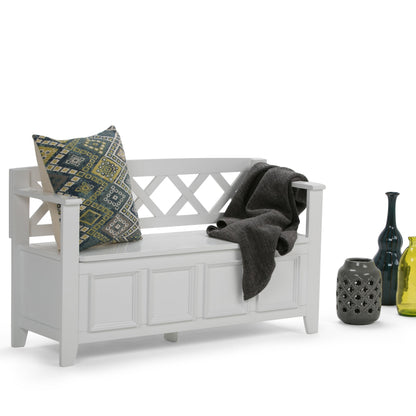 Amherst solid wood entryway storage bench in white with cabinet storage and a patterned pillow on Tampa Home & Garden Store