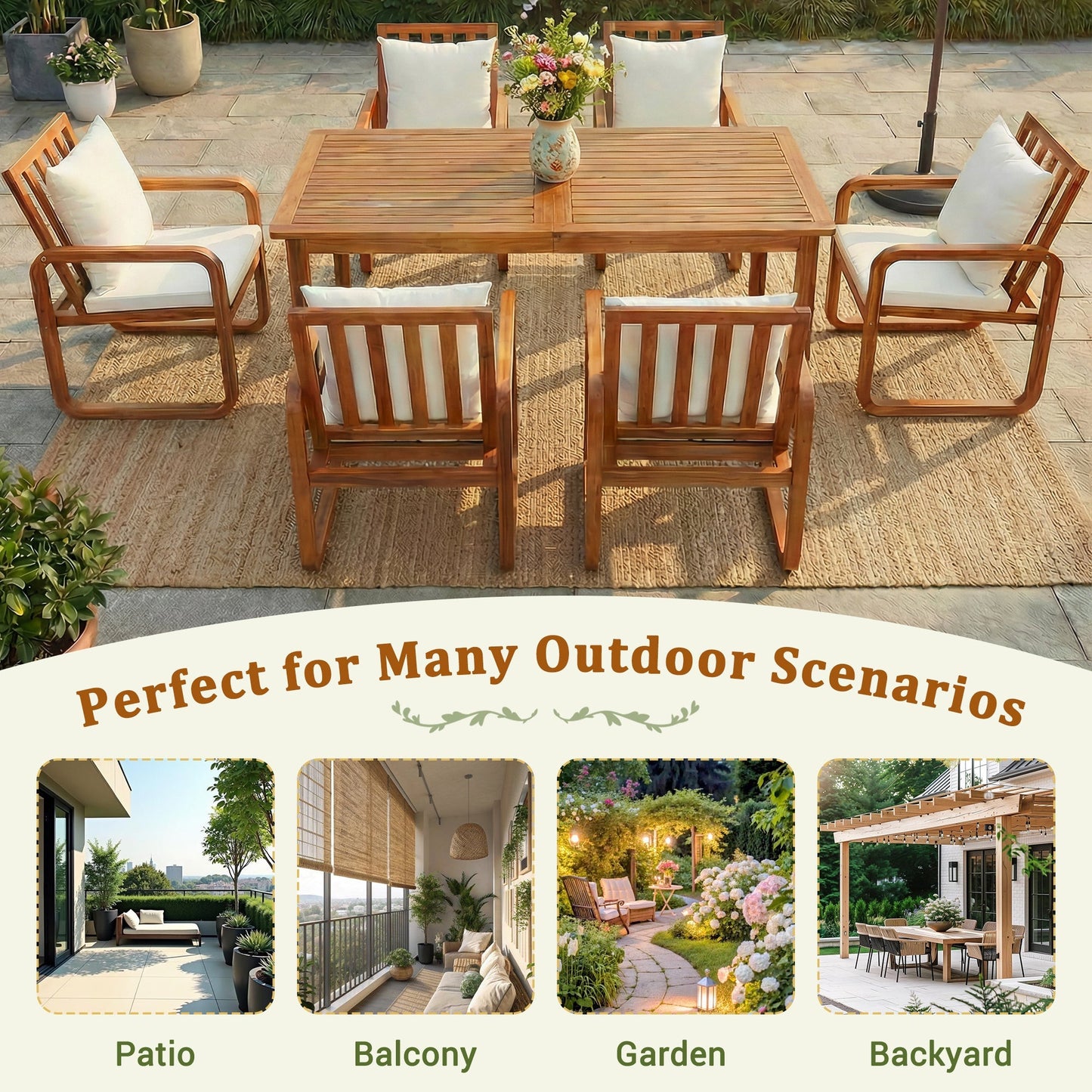 7-Piece Patio Dining Set by HouseOfZazla with wooden table and white cushioned chairs on Tampa Home & Garden Store