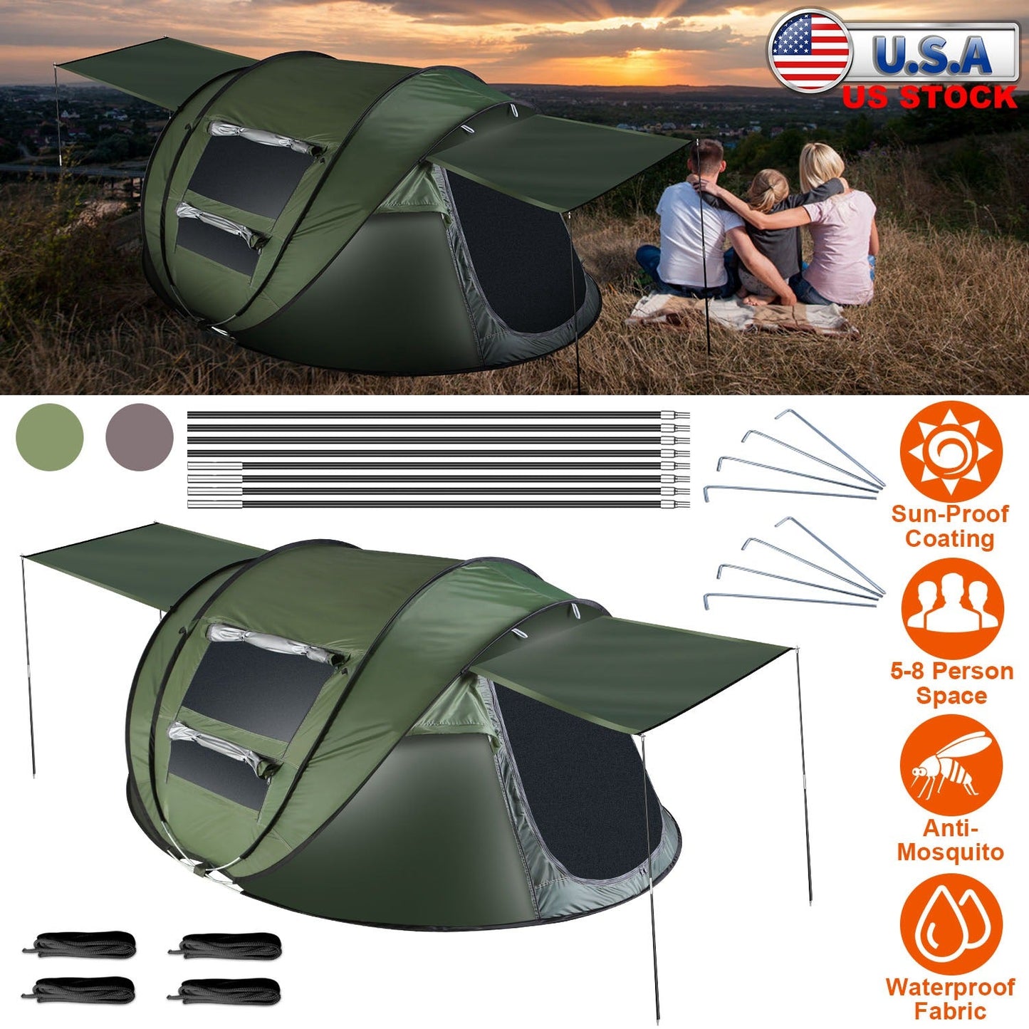 GemGear 3-4 Person Pop-Up Tent with waterproof fabric and 2 mosquito-net windows setup on Tampa Home & Garden Store