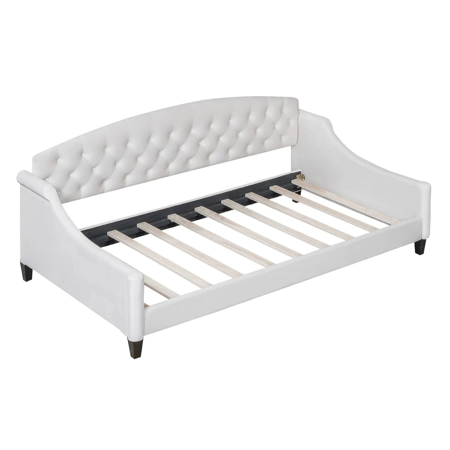 Modern Tufted Daybed white upholstery with button tufting and wood slat base on Tampa Home & Garden Store