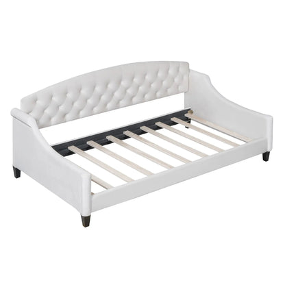 Modern Tufted Daybed white upholstery with button tufting and wood slat base on Tampa Home & Garden Store
