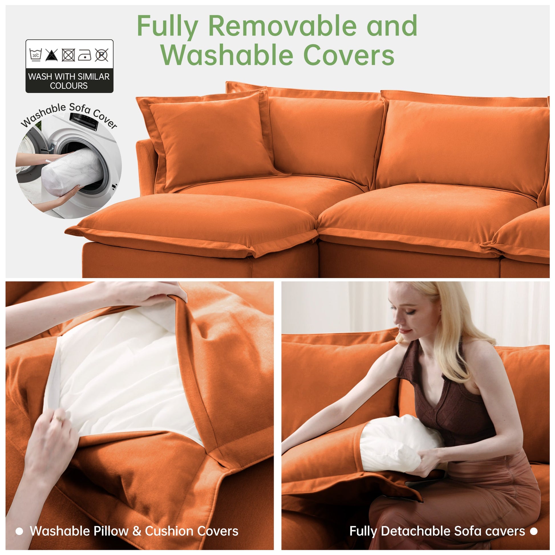Slip-covered orange sofa with removable cushions by HouseOfZazla; washable detachable covers on Tampa Home & Garden Store