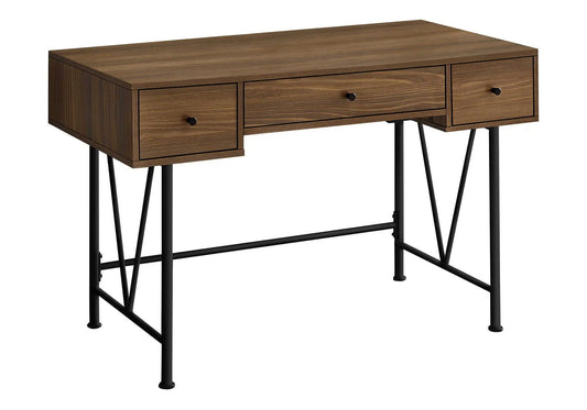 Computer desk with three drawers in walnut finish and black metal legs on Tampa Home & Garden Store