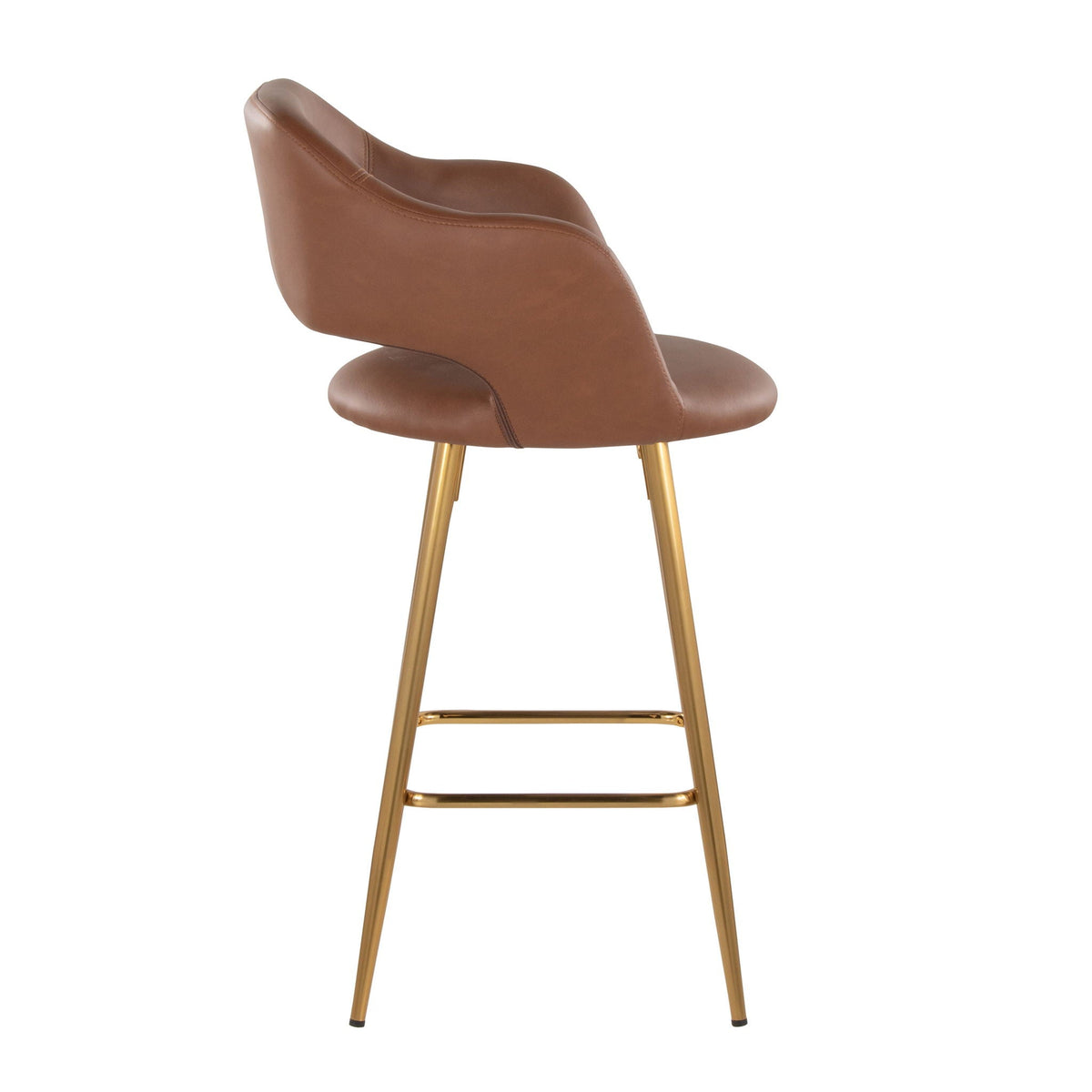 Contemporary fixed-height counter stool in brown leather with footrest and gold legs on Tampa Home & Garden Store