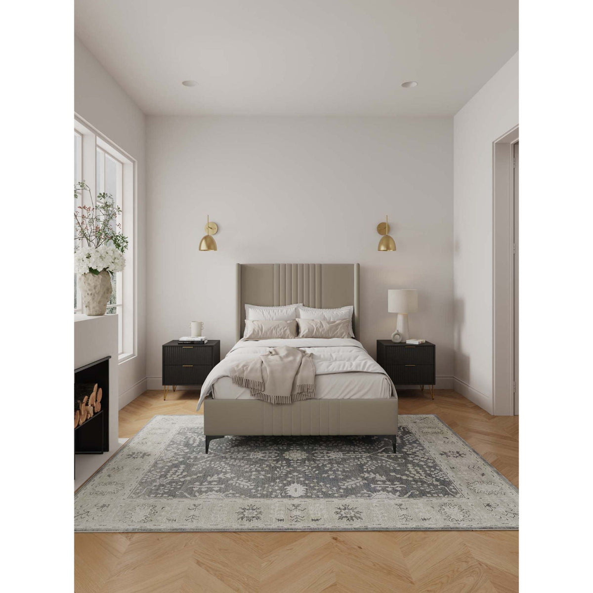 Promenade bed with gray upholstered headboard and slats, neutral bedding, black nightstands, on Tampa Home & Garden Store