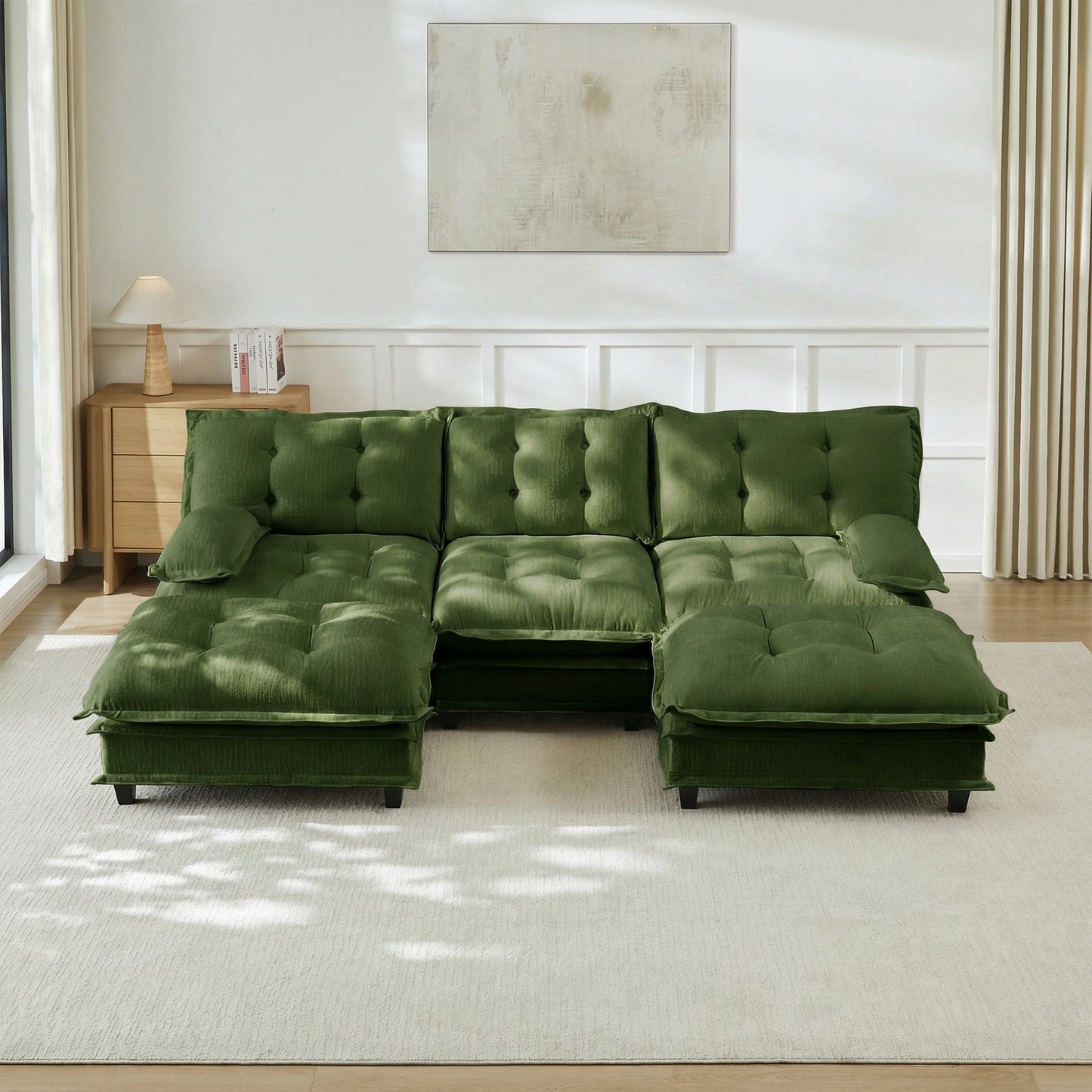 107in U-shaped modern sofa modular cloud couch with ottomans in green tufted fabric on Tampa Home & Garden Store