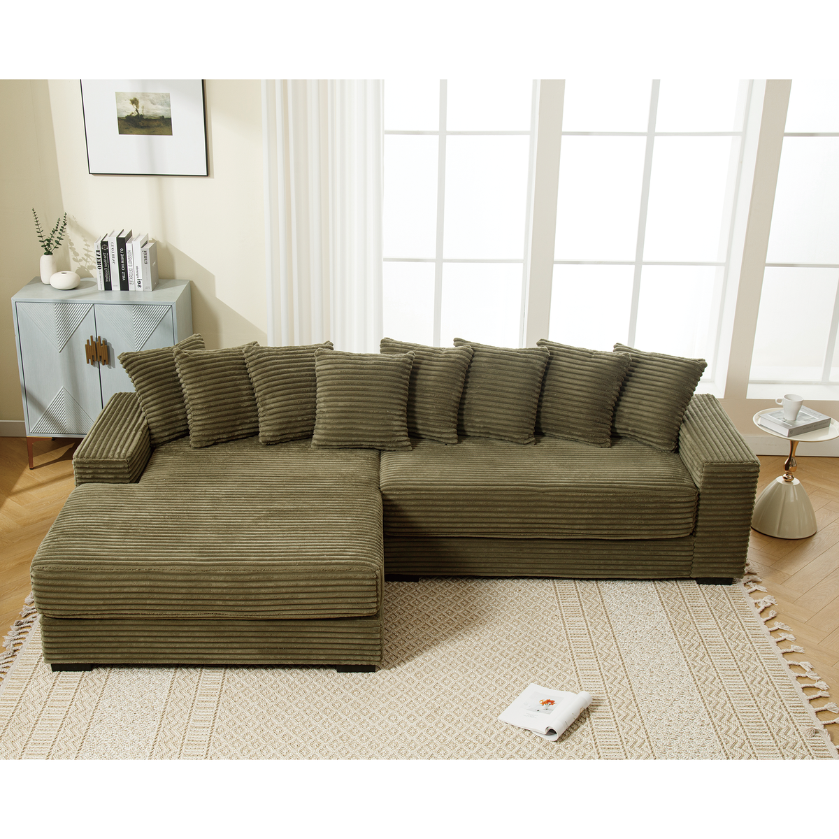 Oversized two-piece corduroy sofa with left chaise daybed in olive-brown, plush cushions on Tampa Home & Garden Store