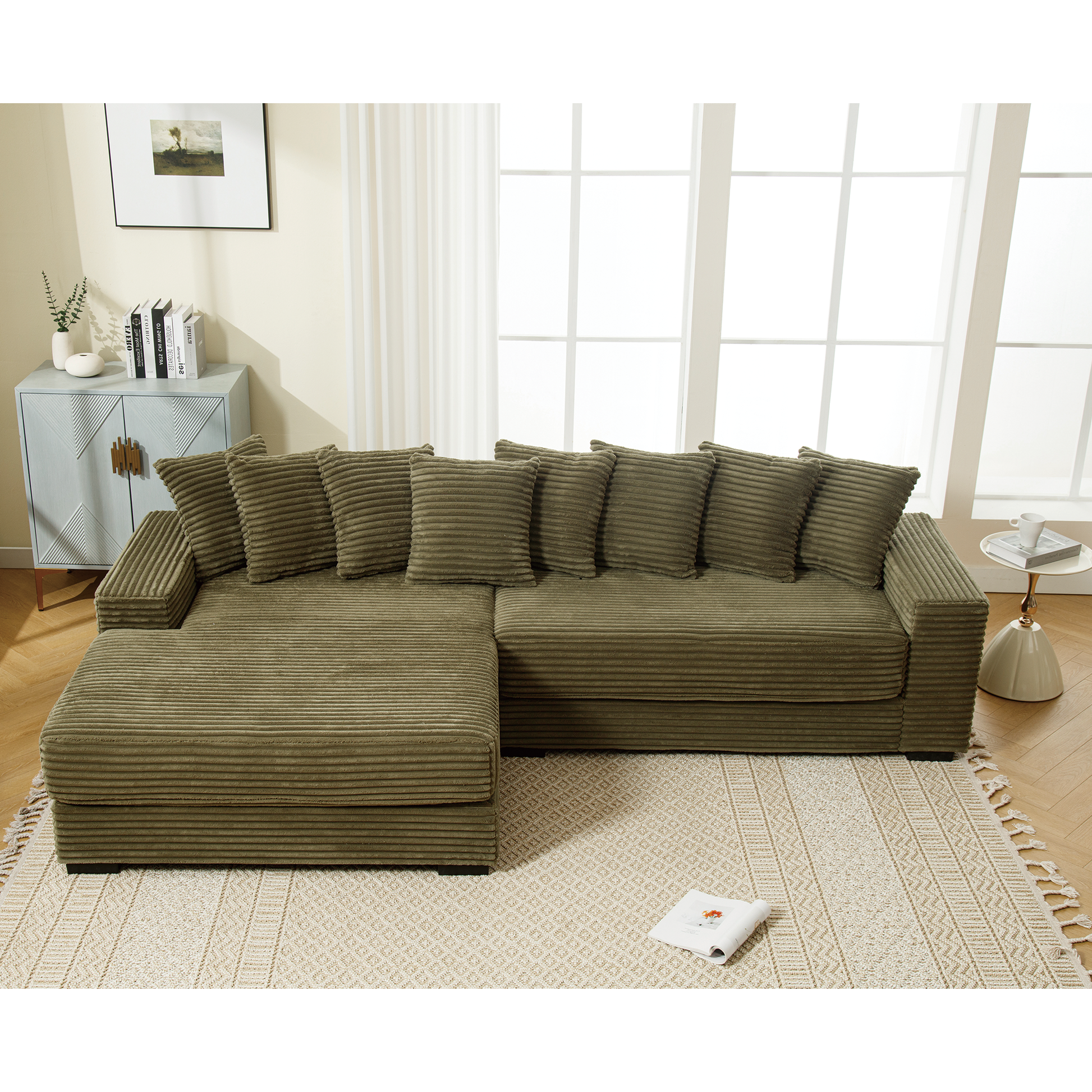 Oversized two-piece corduroy sofa with left chaise daybed in olive-brown, plush cushions on Tampa Home & Garden Store