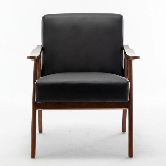 Accent chair black leather upholstery with wooden arms mid century Unique Piece Furniture on Tampa Home & Garden Store