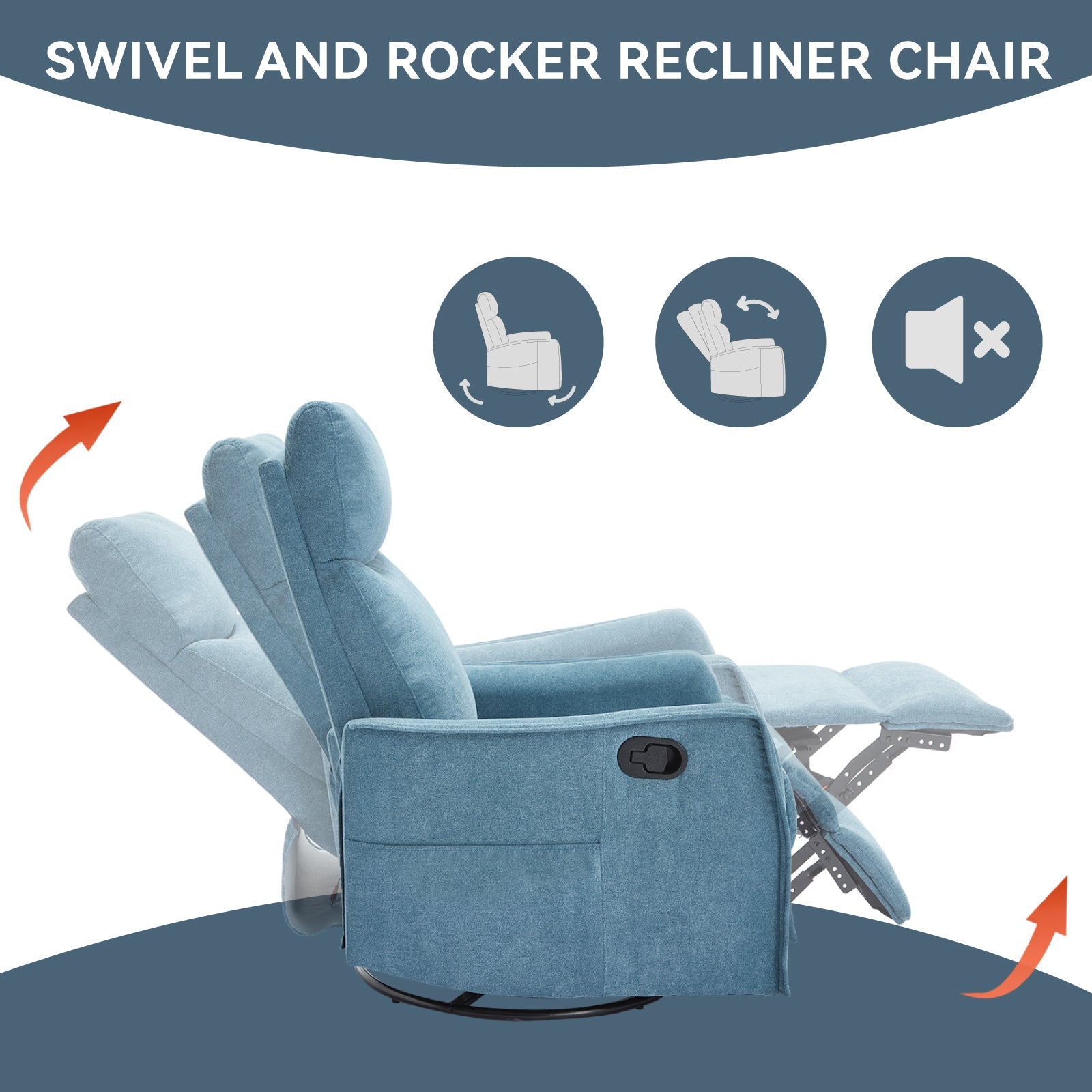 Heat Massage Manual Recliner Chair in blue fabric with rocker and swivel on Tampa Home & Garden Store
