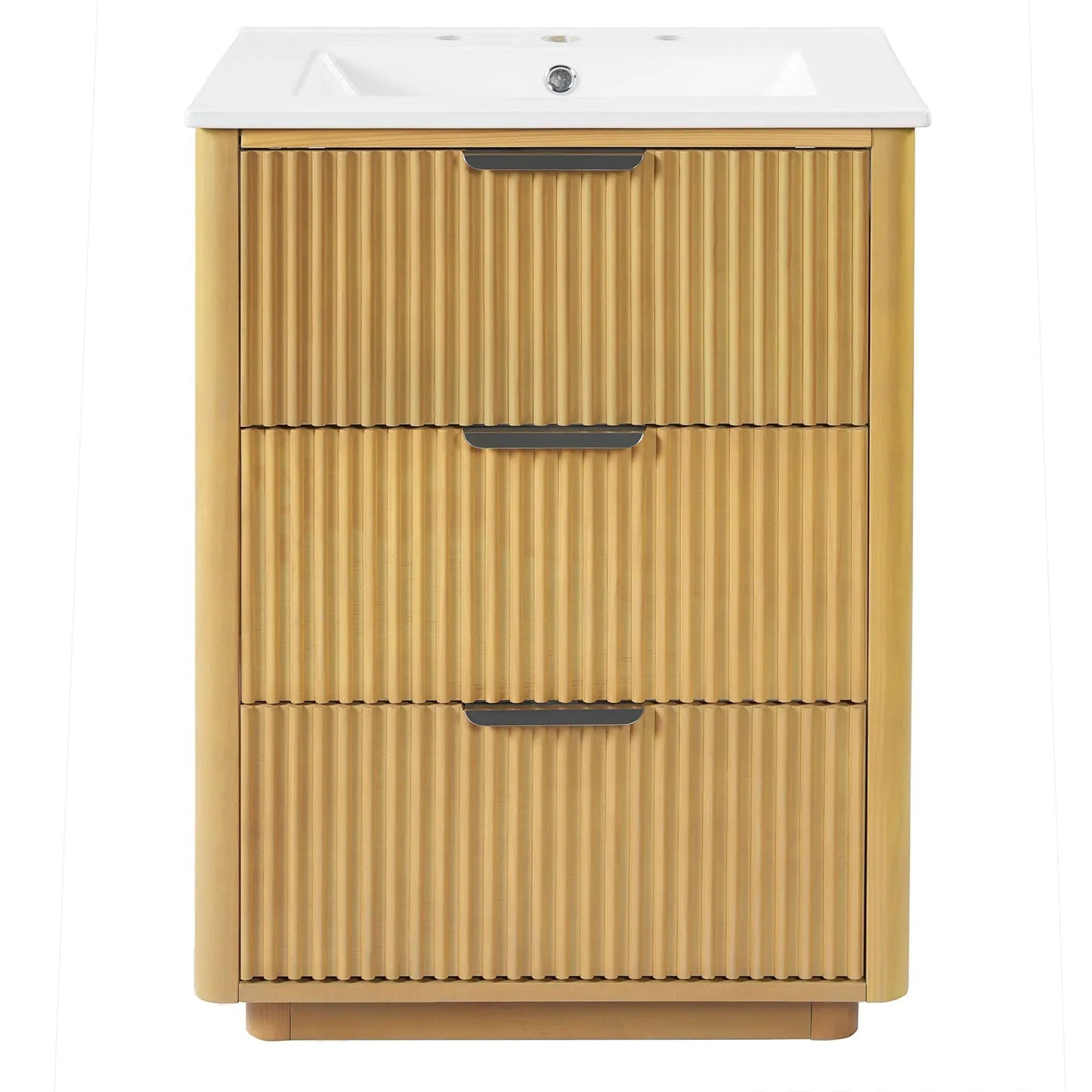 Natural wood bathroom vanity with sink, slatted doors and open shelf storage on Tampa Home & Garden Store