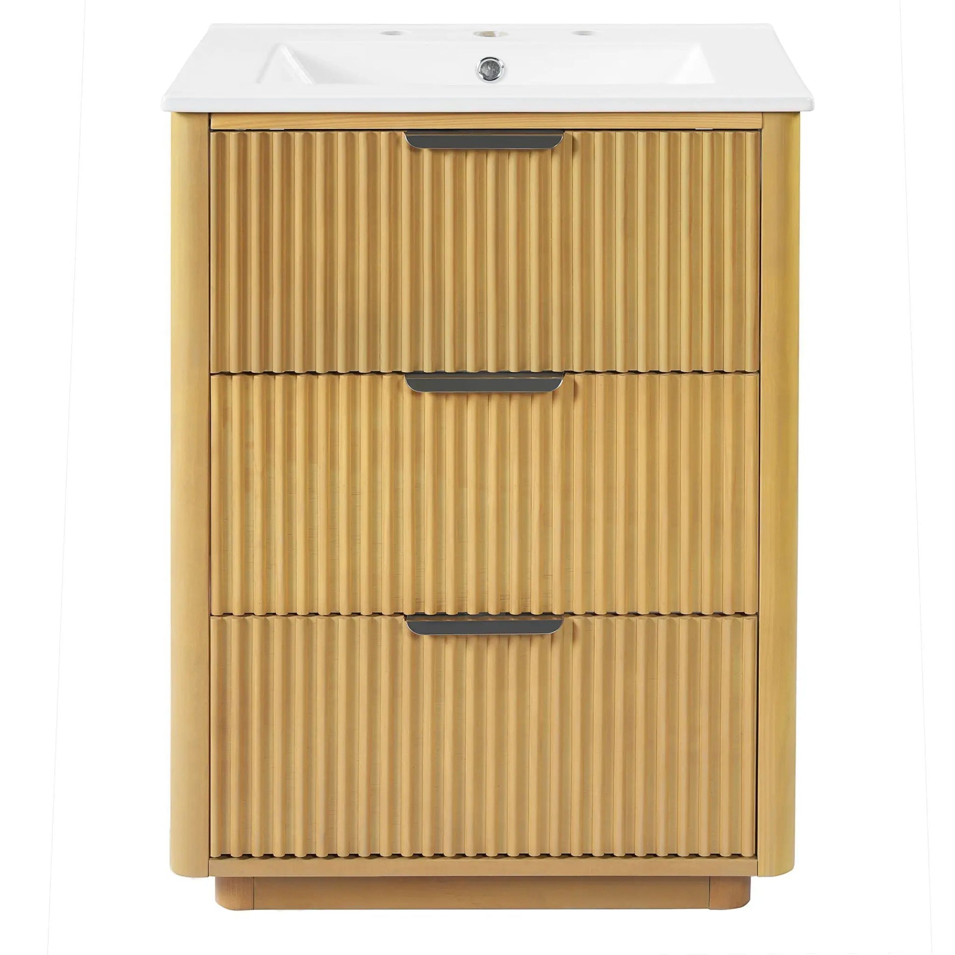 Natural wood bathroom vanity with sink, slatted doors and open shelf storage on Tampa Home & Garden Store
