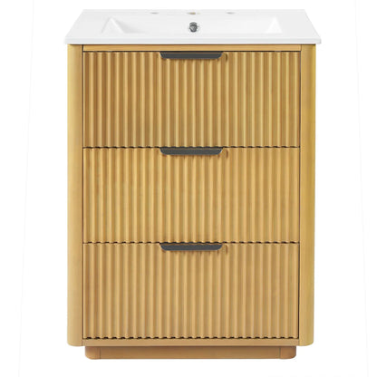 Natural wood bathroom vanity with sink, slatted doors and open shelf storage on Tampa Home & Garden Store
