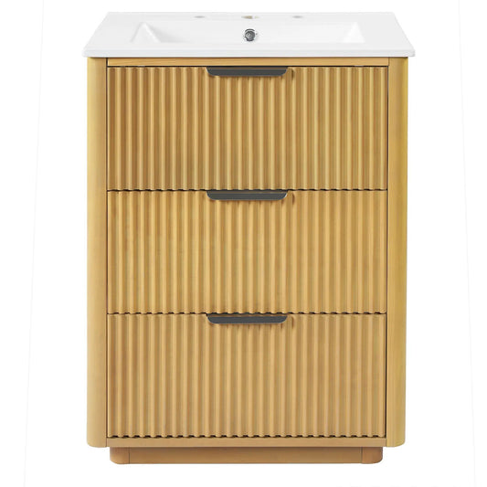 Natural wood bathroom vanity with sink, slatted doors and open shelf storage on Tampa Home & Garden Store