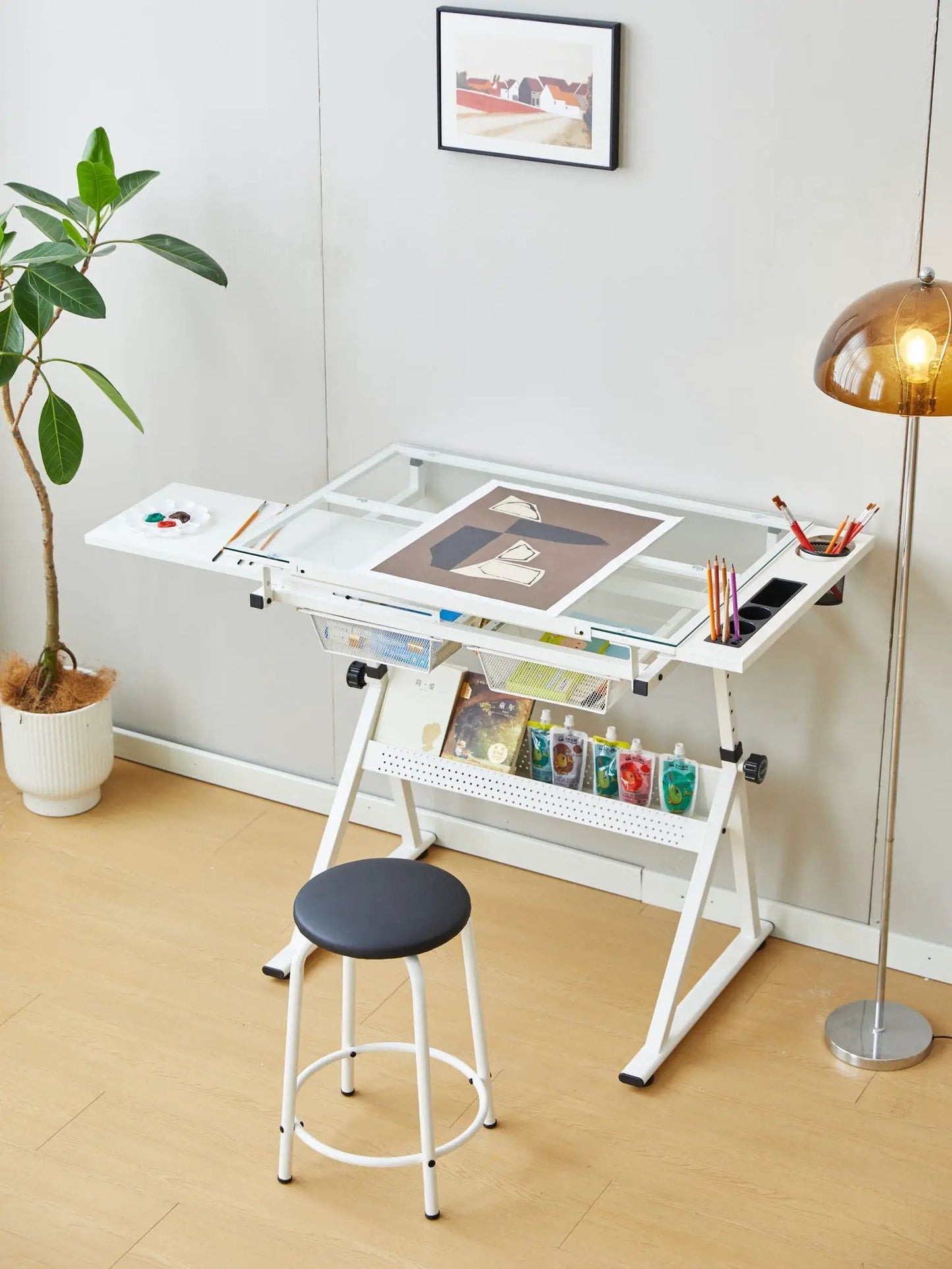 Adjustable Glass Drafting Table with Chair