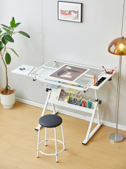 Adjustable Glass Drafting Table with Chair