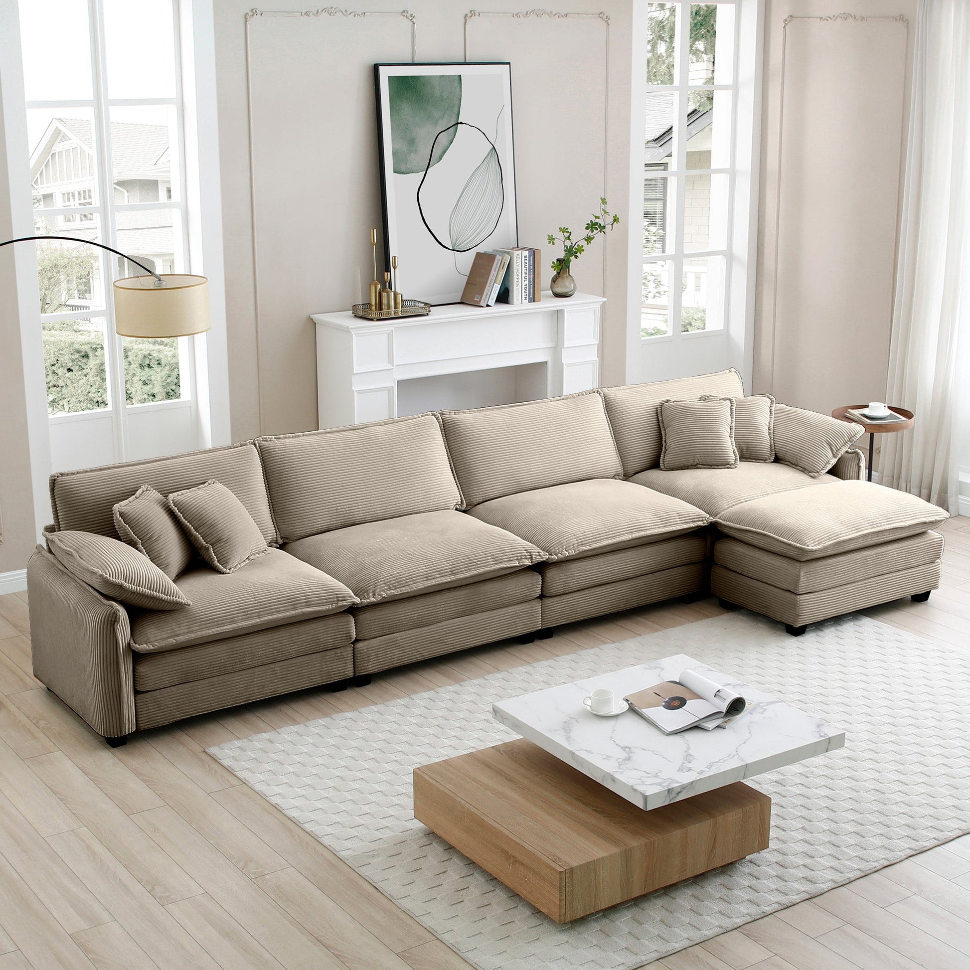 Corduroy upholstered 4-seater sofa with footstool in beige for modern living room on Tampa Home & Garden Store