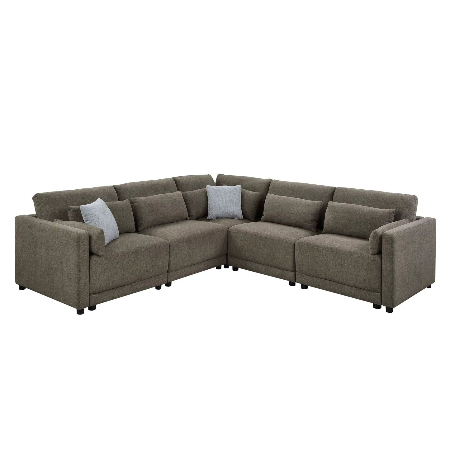 Rylie modular sectional sofa with grey toss pillows in brown fabric by Unique Piece Furniture on Tampa Home & Garden Store