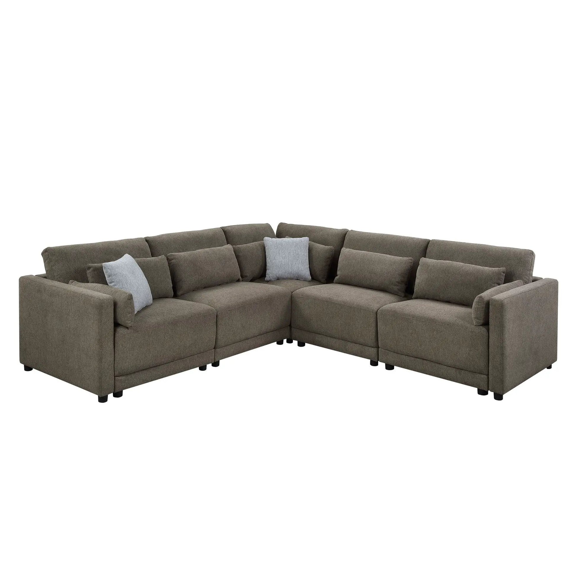 Rylie modular sectional sofa with grey toss pillows in brown fabric by Unique Piece Furniture on Tampa Home & Garden Store
