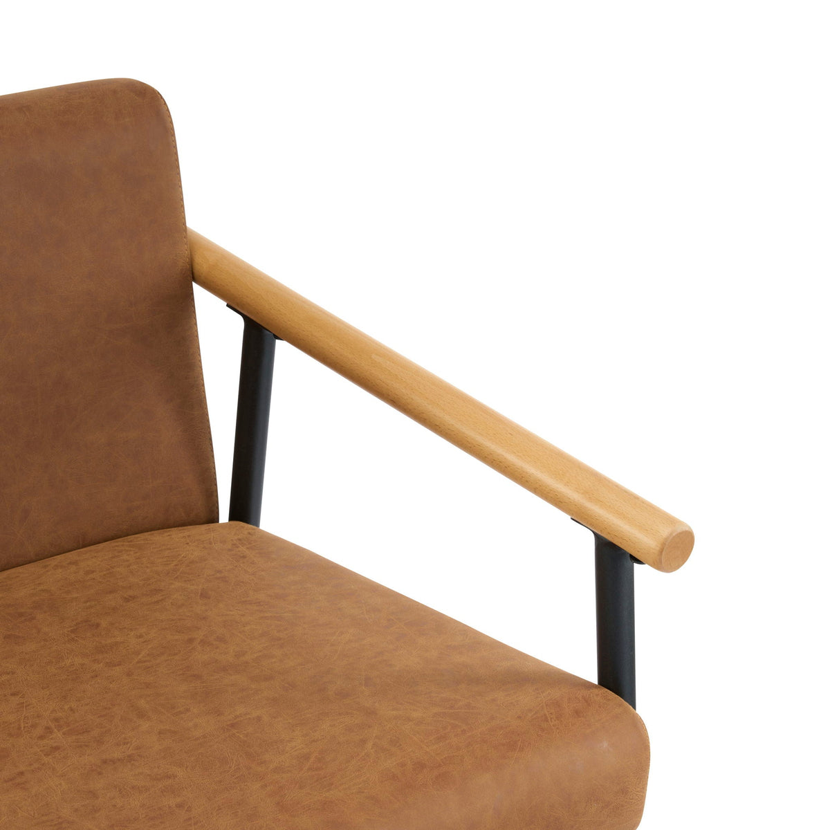 Mid Century Modern Counter Stool with brown leather upholstery, black iron frame, armrest on Tampa Home & Garden Store