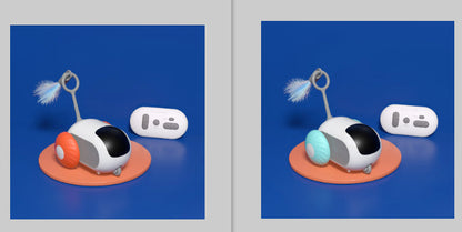 Remote control interactive cat car toy with white body and orange or turquoise wheels USB charging remote on Tampa Home & Garden Store