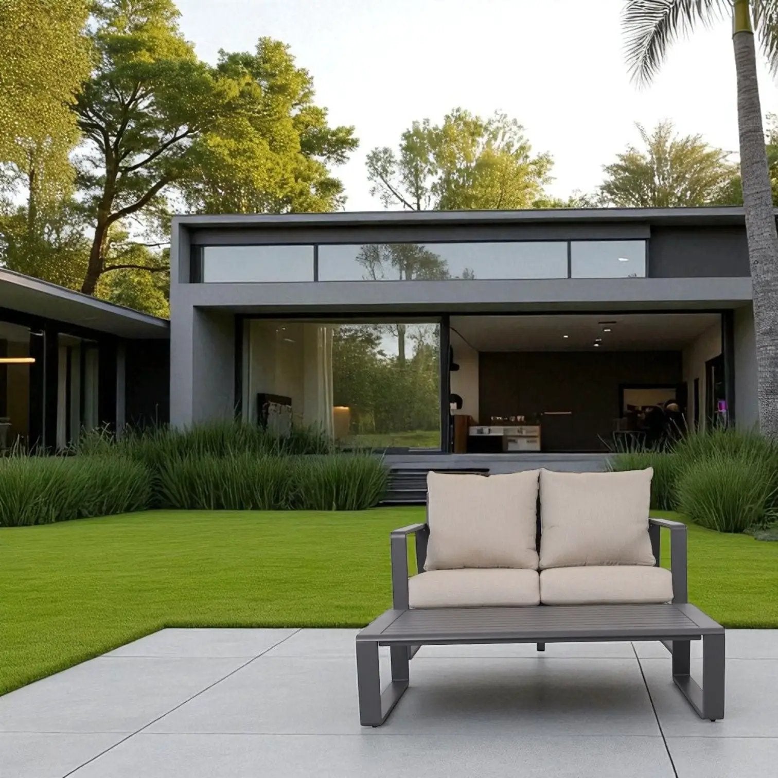 2-piece outdoor sofa with rectangular coffee table in gray frame and beige cushions on Tampa Home & Garden Store
