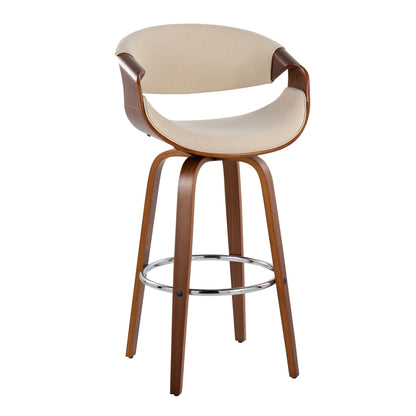 Mid-Century Modern swivel barstool with walnut frame and beige fabric, chrome foot ring on Tampa Home & Garden Store