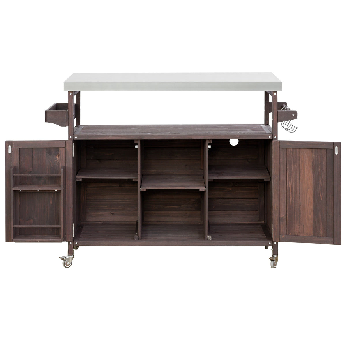 K&K Outdoor Kitchen Island rolling bar cart with storage, dark wood base and light gray top on Tampa Home & Garden Store