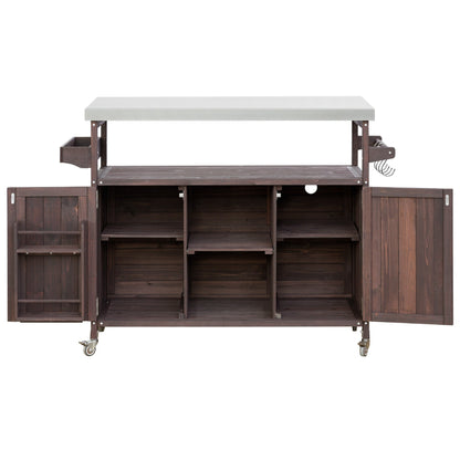 K&K Outdoor Kitchen Island rolling bar cart with storage, dark wood base and light gray top on Tampa Home & Garden Store
