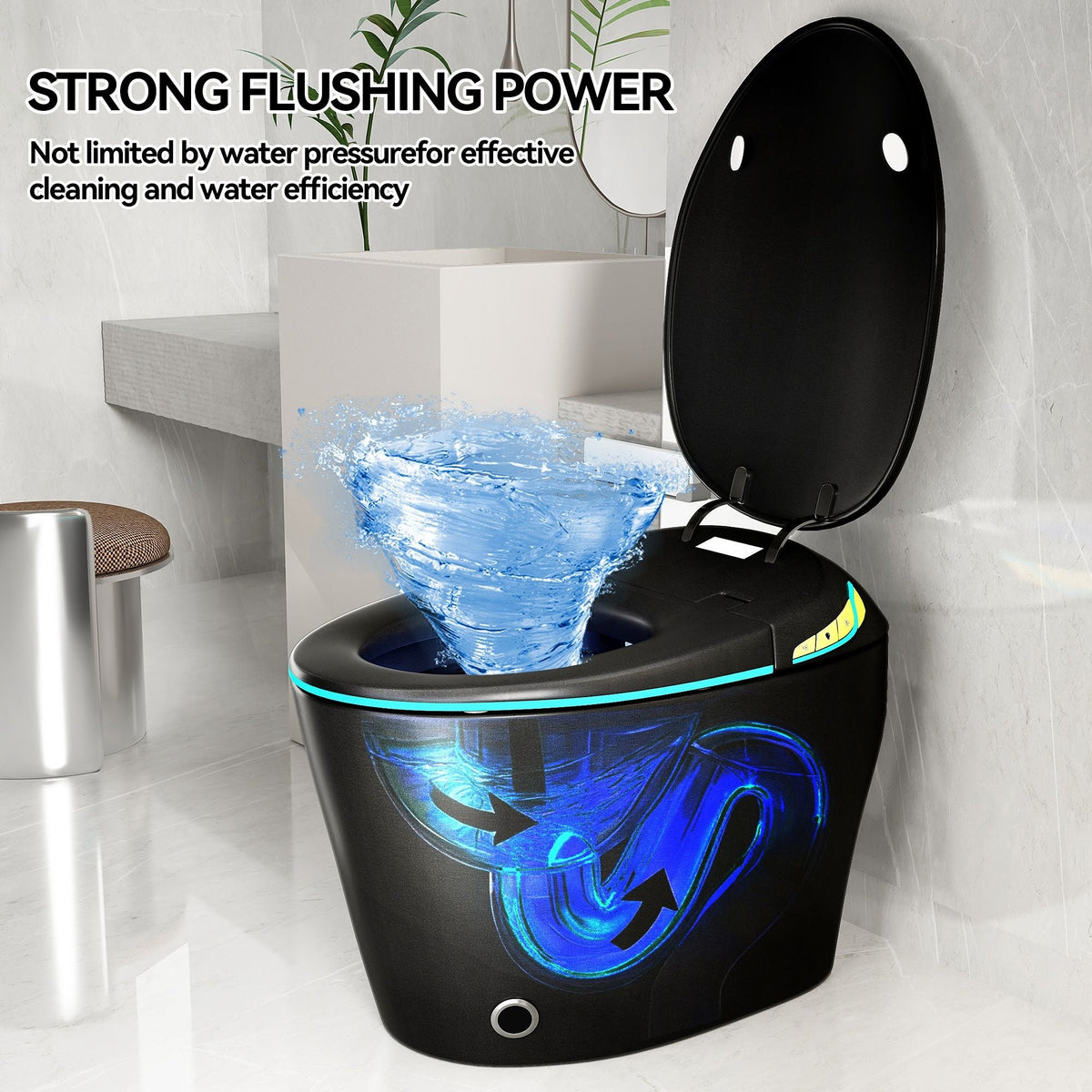 Smart toilet with ceramic bidet in matte black, modern bathroom with blue graphics on tank on Tampa Home & Garden Store