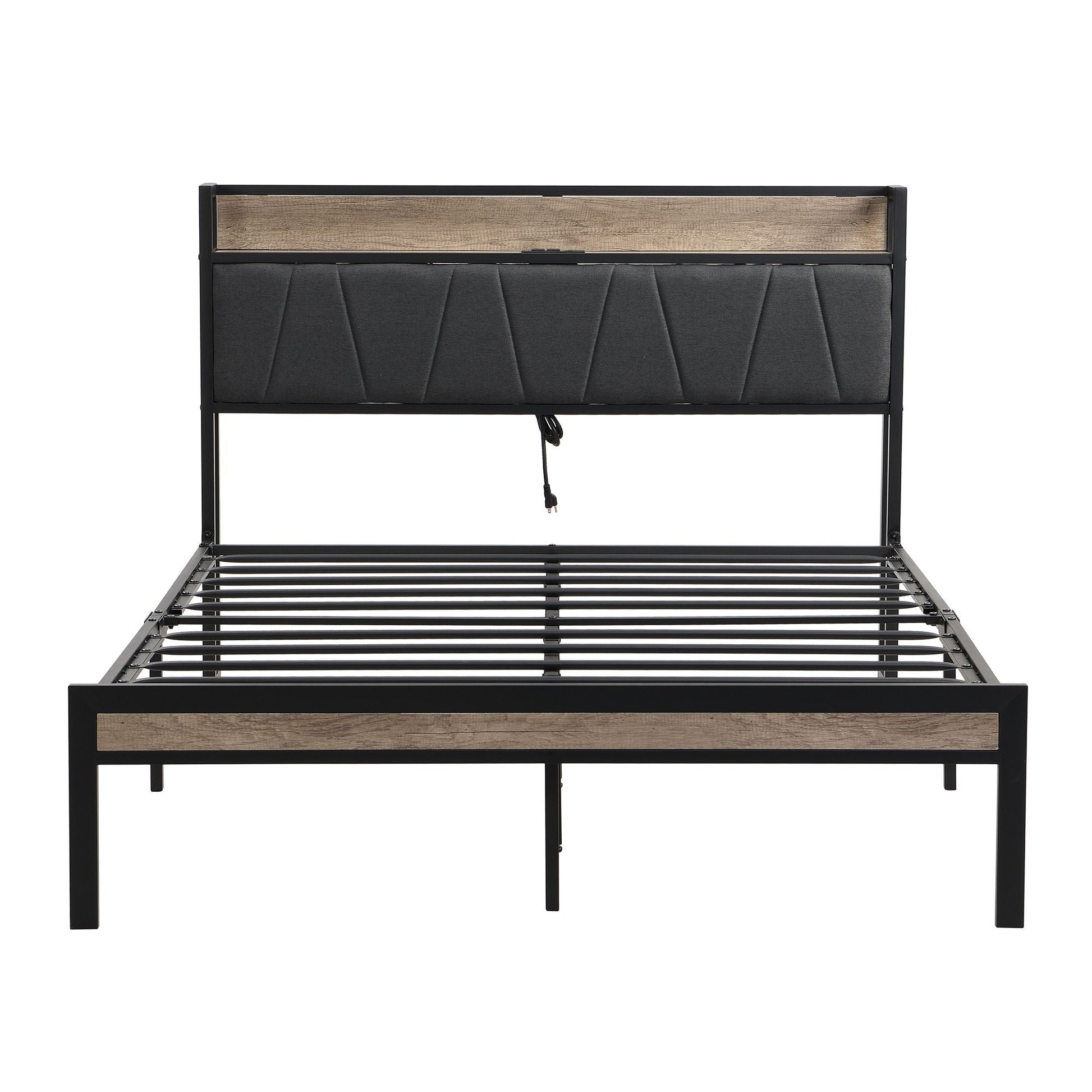 Modern bed frame with LED lights, upholstered headboard, black metal frame, USB cord visible on Tampa Home & Garden Store