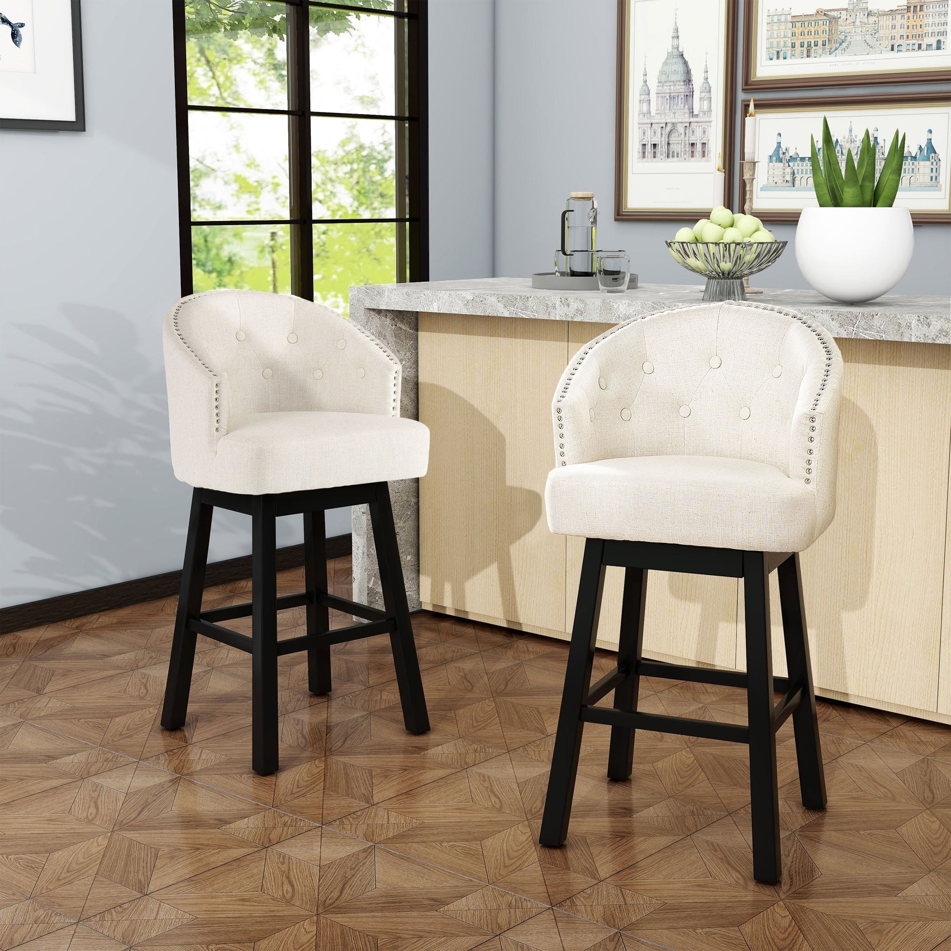 360 Degree Swivel Bar Stool Set of 2 beige tufted seats with nailhead trim HouseOfZazla on Tampa Home & Garden Store
