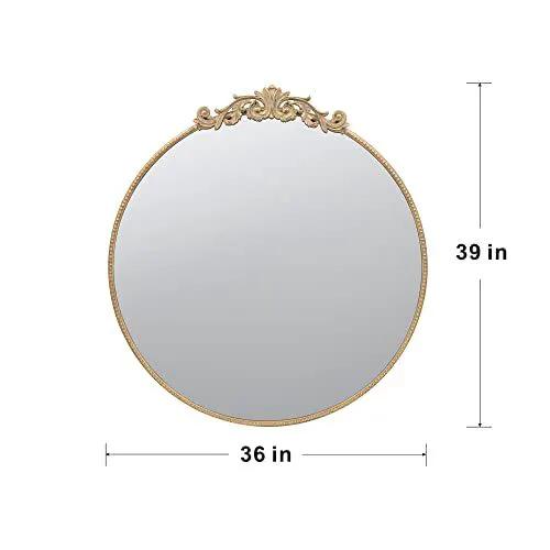 Round wall mirror with gold-tone Baroque frame and ornate crest detailing, 36x39 in on Tampa Home & Garden Store