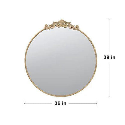 Round wall mirror with gold-tone Baroque frame and ornate crest detailing, 36x39 in on Tampa Home & Garden Store