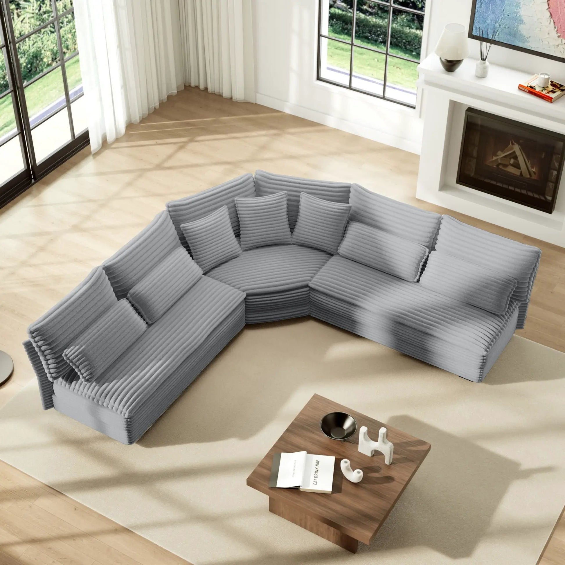 5 Seater L-shaped sectional sofa with curved corner in light gray ribbed fabric and 7 pillows on Tampa Home & Garden Store