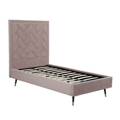 Crosby upholstered bed with quilted headboard in dusty rose, slatted foundation, HouseOfZazla style on Tampa Home & Garden Store
