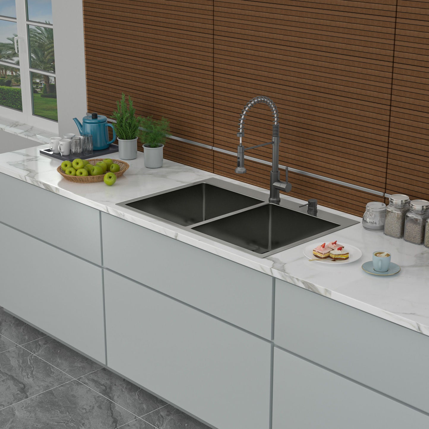 Double Bowl Drop in Kitchen Sink Gunmetal Black