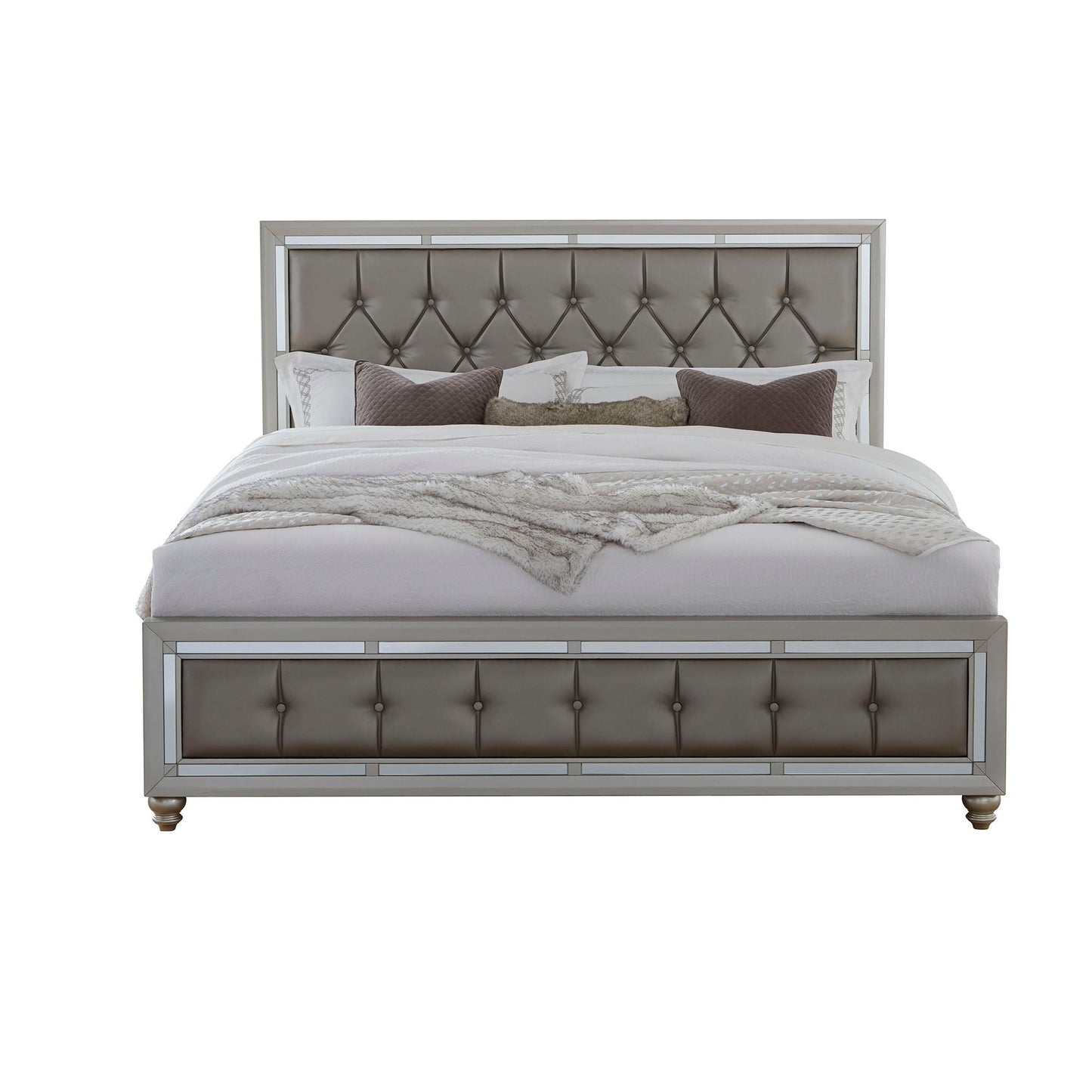 Chloe elegant panel bed in gray tufted upholstery with chrome mirrored frame by HouseOfZazla on Tampa Home & Garden Store