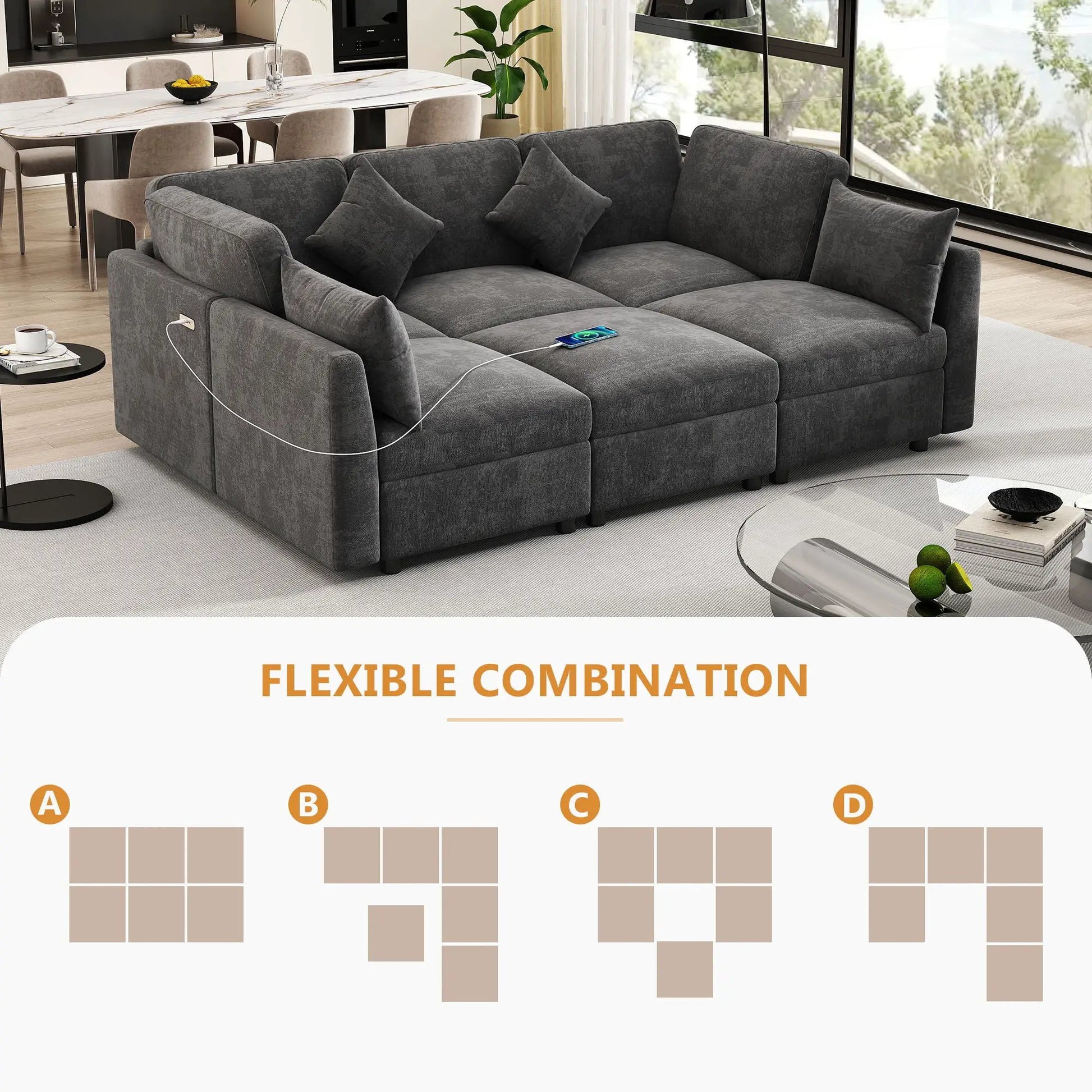 Sectional sofa modular U-shaped with ottoman and USB ports, gray fabric, 2-piece living room set on Tampa Home & Garden Store