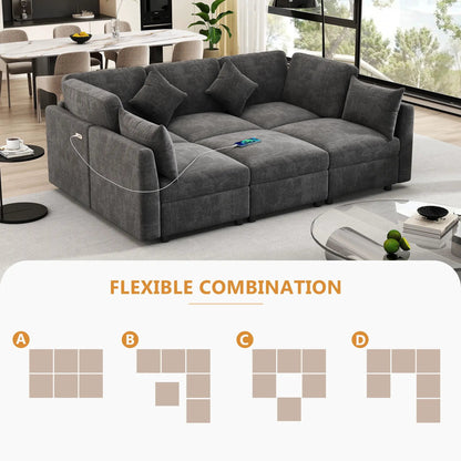 Sectional sofa modular U-shaped with ottoman and USB ports, gray fabric, 2-piece living room set on Tampa Home & Garden Store