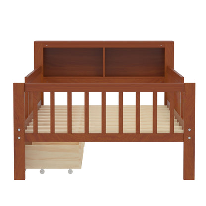 Bed with headboard storage rack, 2 under-bed drawers, 3 guardrails, wood finish HouseOfZazla on Tampa Home & Garden Store