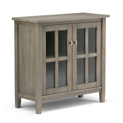 Warm Shaker handcrafted low storage cabinet with glass panels in weathered wood finish on Tampa Home & Garden Store