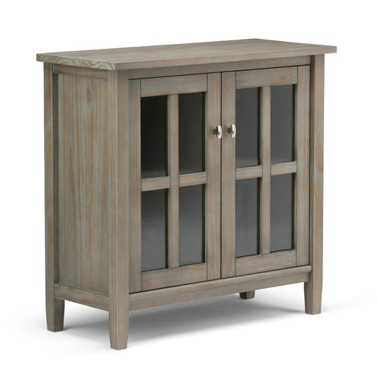 Warm Shaker handcrafted low storage cabinet with glass panels in weathered wood finish on Tampa Home & Garden Store