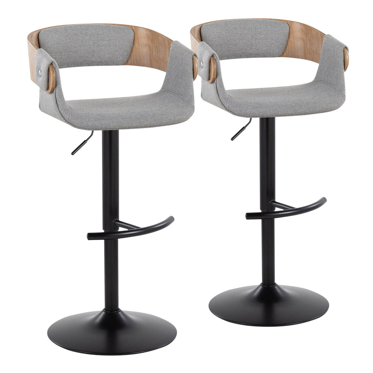 Two mid-century adjustable barstools with gray fabric seats, wood backs, swivel and footrests on Tampa Home & Garden Store