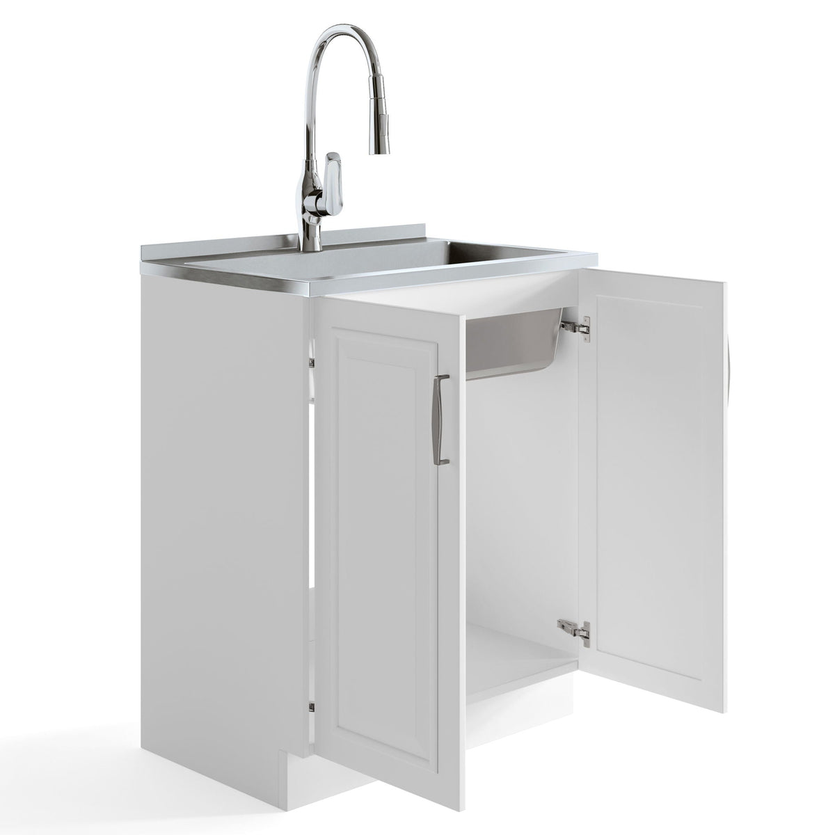 Deluxe laundry cabinet with stainless steel sink and chrome faucet, white cabinet on Tampa Home & Garden Store