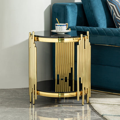 Elegant side table with double layer tempered glass top on gold frame beside teal sofa on Tampa Home & Garden Store